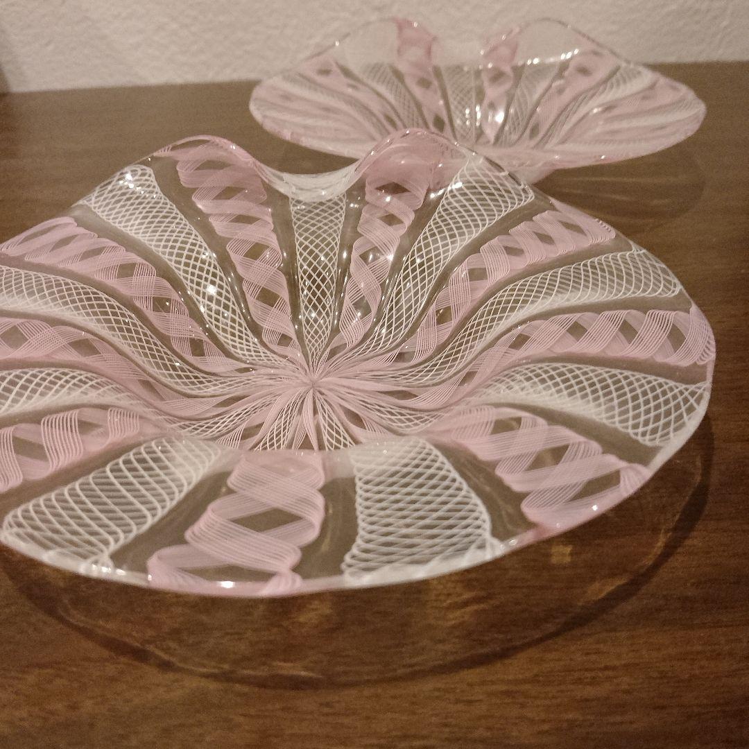 ベネチアンガラス　ムラノ　MURANO　変形皿　2枚　ピンク　レース　インテリア