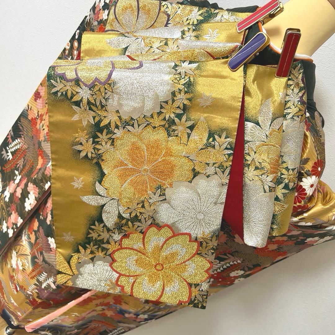 423 振袖フルセット 正絹 緑 グリーン 茶 金彩 駒刺繍 暈し染め