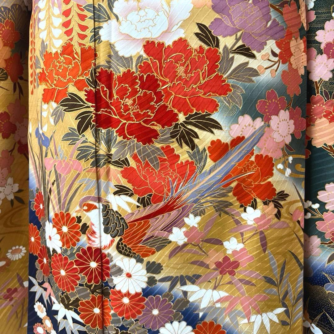 423 振袖フルセット 正絹 緑 グリーン 茶 金彩 駒刺繍 暈し染め