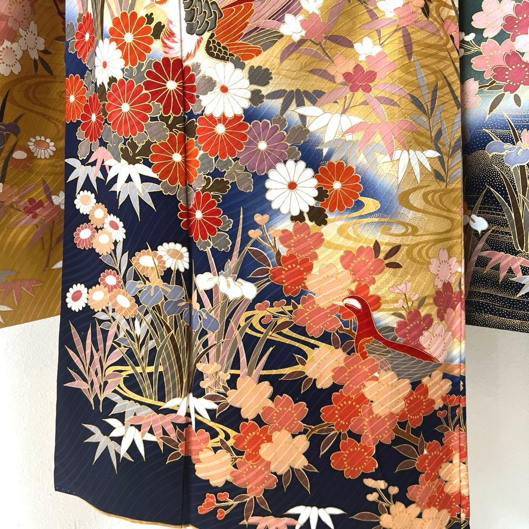 423 振袖フルセット 正絹 緑 グリーン 茶 金彩 駒刺繍 暈し染め