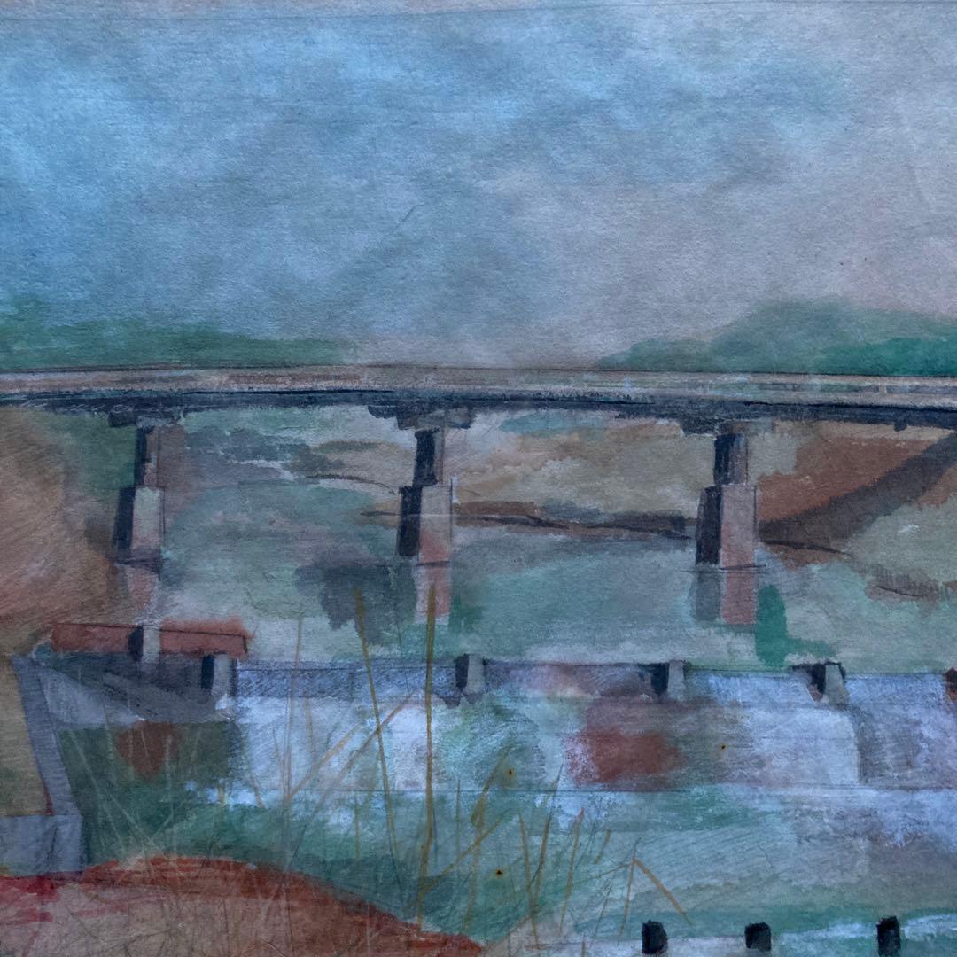 水彩画　作者不詳　橋のある風景(仮題) 額48×55絵29×35cm ￼