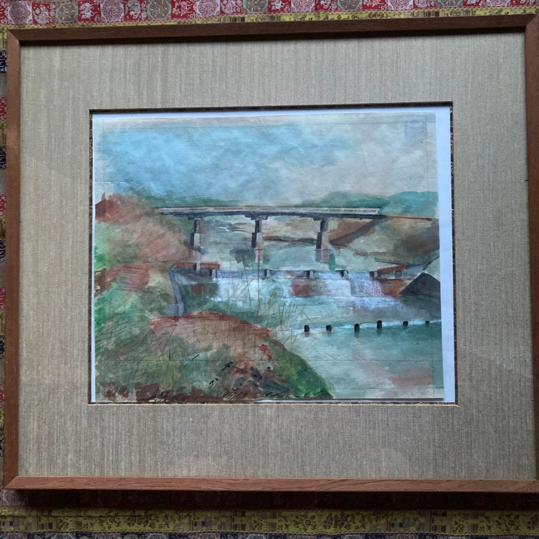 水彩画　作者不詳　橋のある風景(仮題) 額48×55絵29×35cm ￼