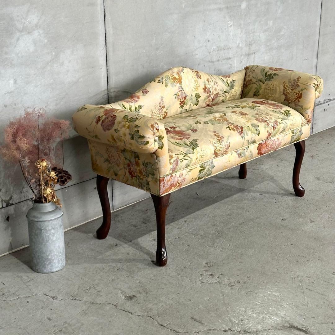 ✿英国クラシック調✿ 花柄カウチソファ｜猫脚 アーム付き｜アンティーク調 長椅子