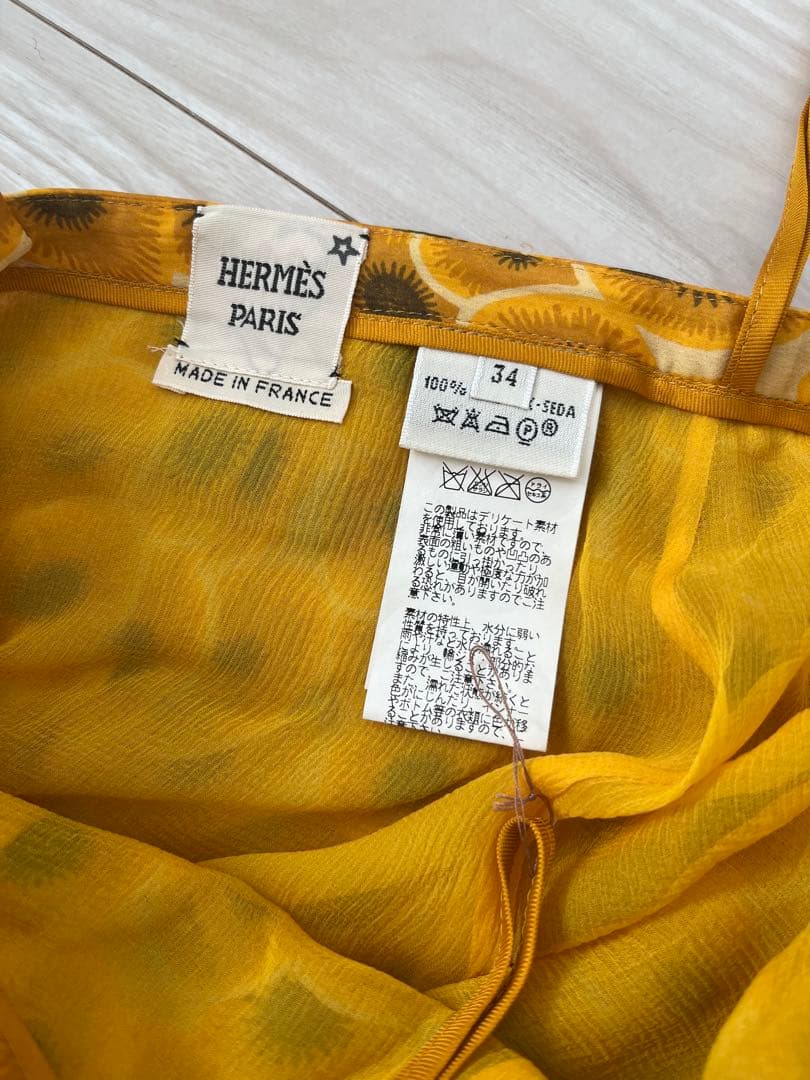 HERMÈS ひまわり柄 イエロー フレアスカート プリーツスカート 34