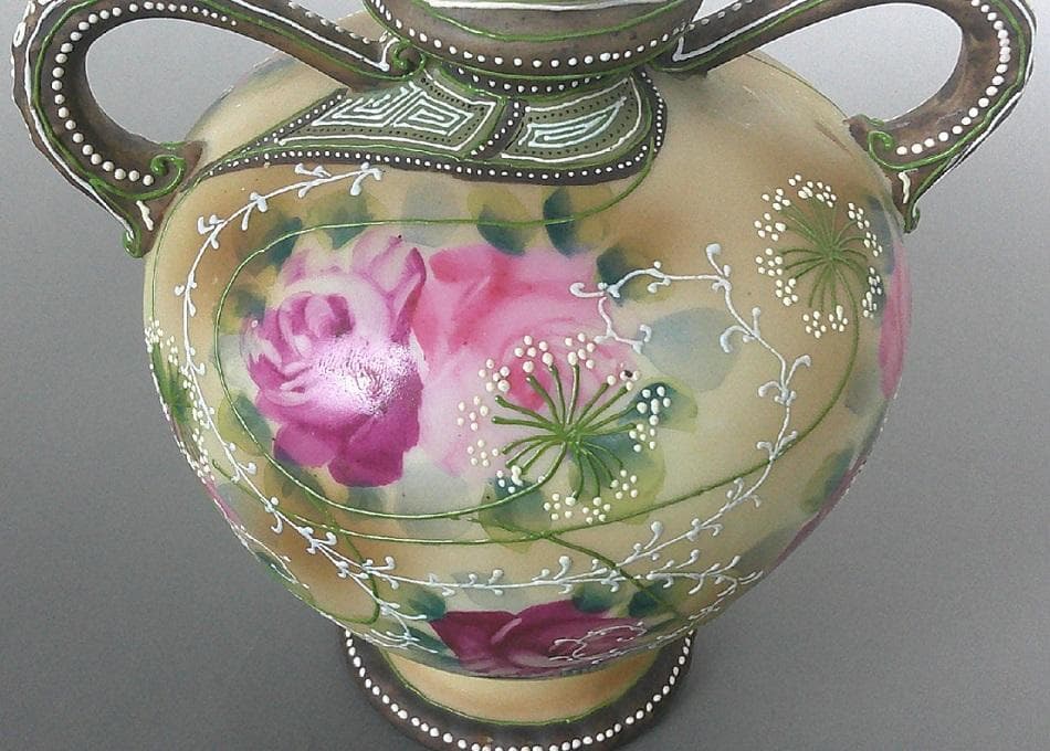 明治 オールドノリタケ バラ盛り上げ花瓶