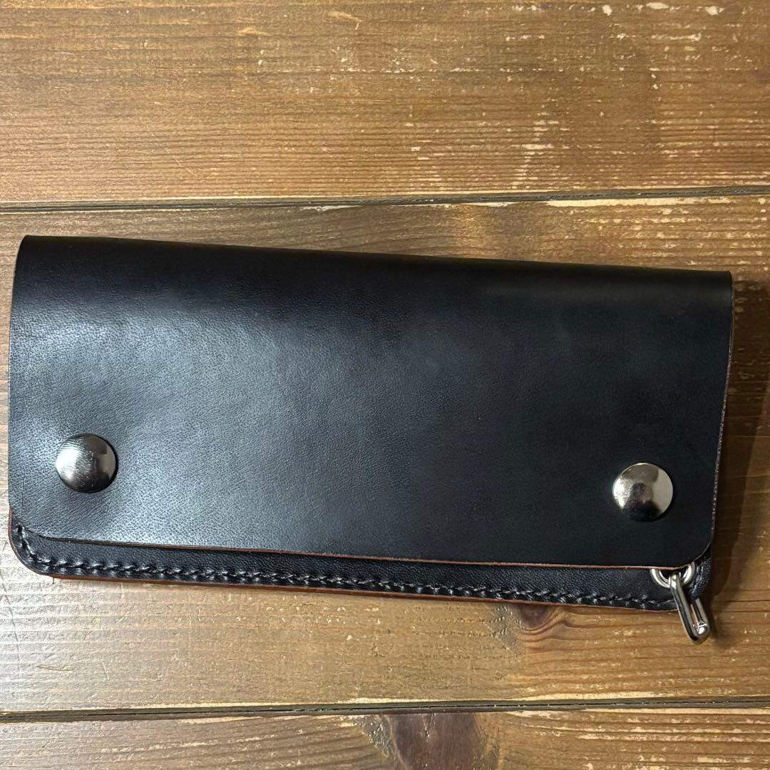 ハンドメイド 茶芯 トラッカーウォレット ブラック 本革 1点のみ