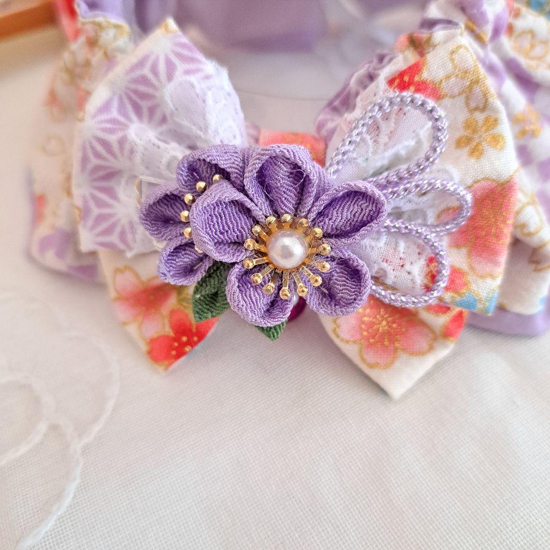 幅広シュシュ、和風妻み細工(白×藤色)わんちゃん猫ちゃん用