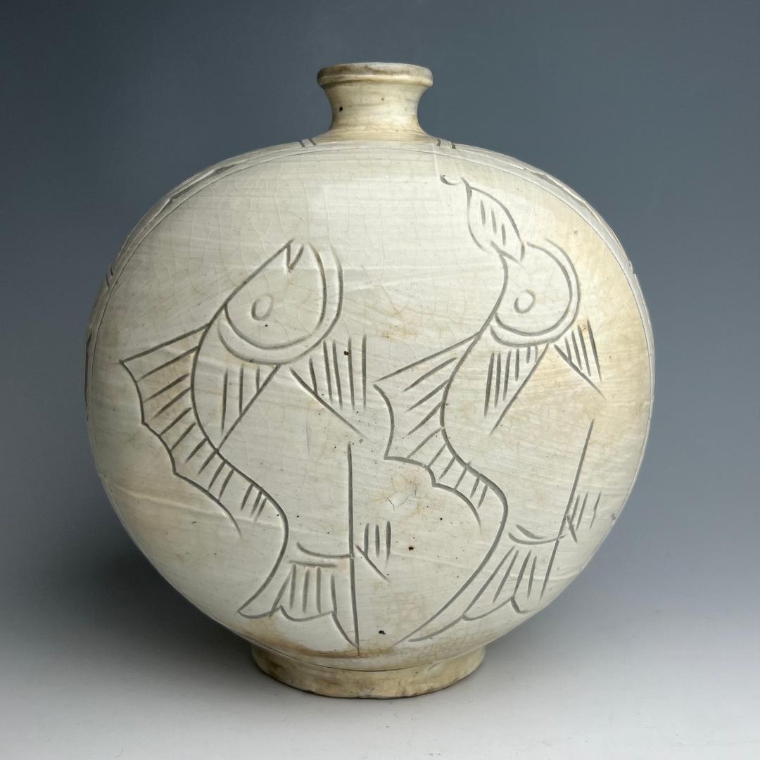 高麗三島刷毛目象嵌魚紋扁壺 李朝高麗コレクター放出品陶磁古玩朝鮮美術A1-48