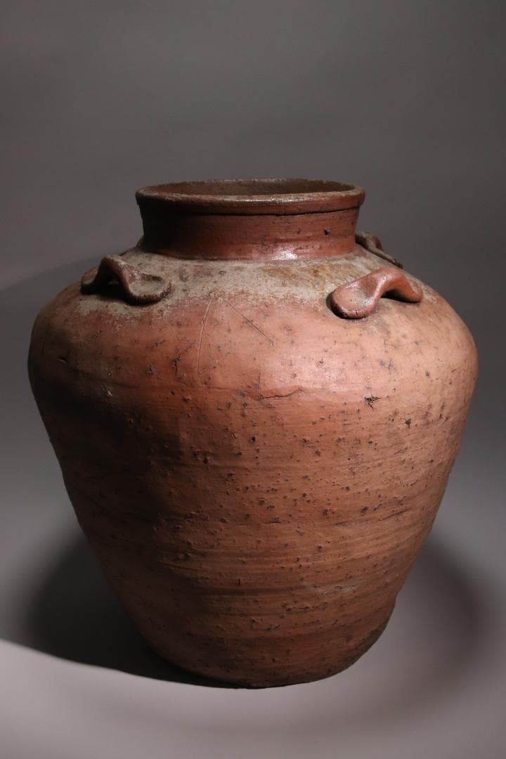 BE793 桃山期~江戸期　古信楽　四耳壷　四耳子　窯印　窯傷　壺　高37.5㎝