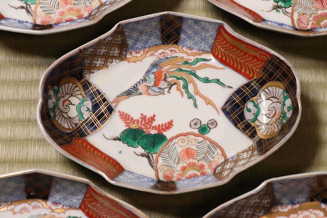 【CM53】古伊万里 桐鳳凰図 変形 刺身皿 五客 鶴 金彩 錦手 菱形 向付