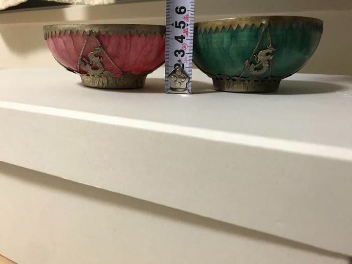 翡翠？瑪瑙？銀嵌茶碗一対　（天福紋銀）銘あり