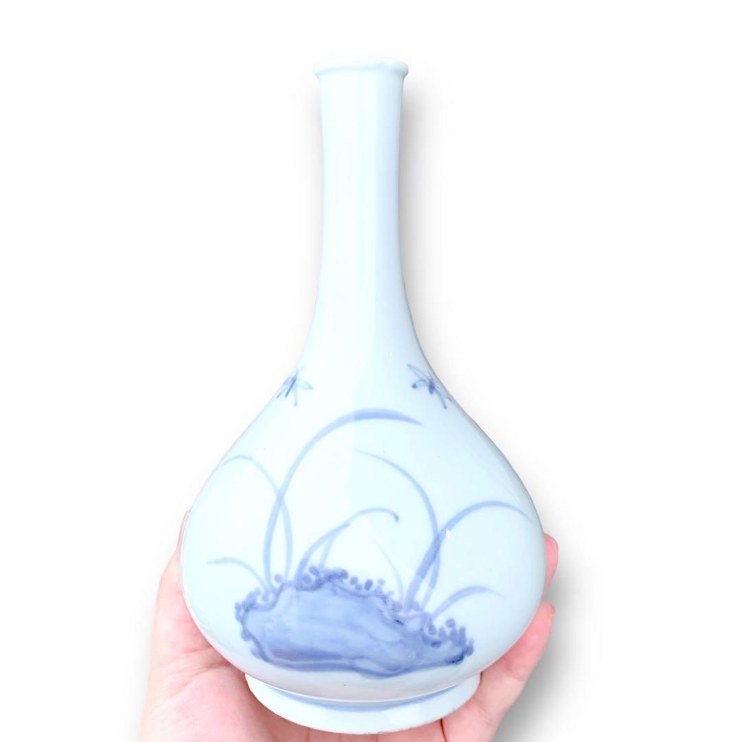 李朝 染付 染め付け 花瓶 一輪挿し トンボ 蜻蛉 朝鮮 骨董 美術 岩 草