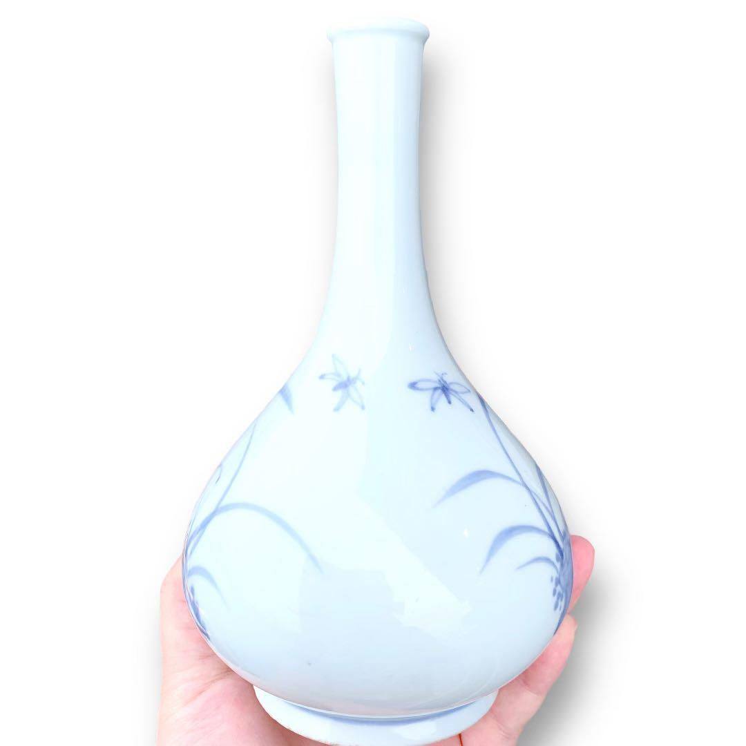 李朝 染付 染め付け 花瓶 一輪挿し トンボ 蜻蛉 朝鮮 骨董 美術 岩 草