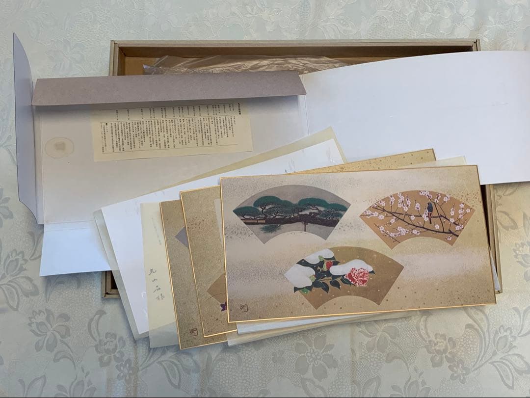 お買得！超美品☆丸山石根画伯の四季扇面花鳥図/春夏秋冬色紙4枚と額付き箱入