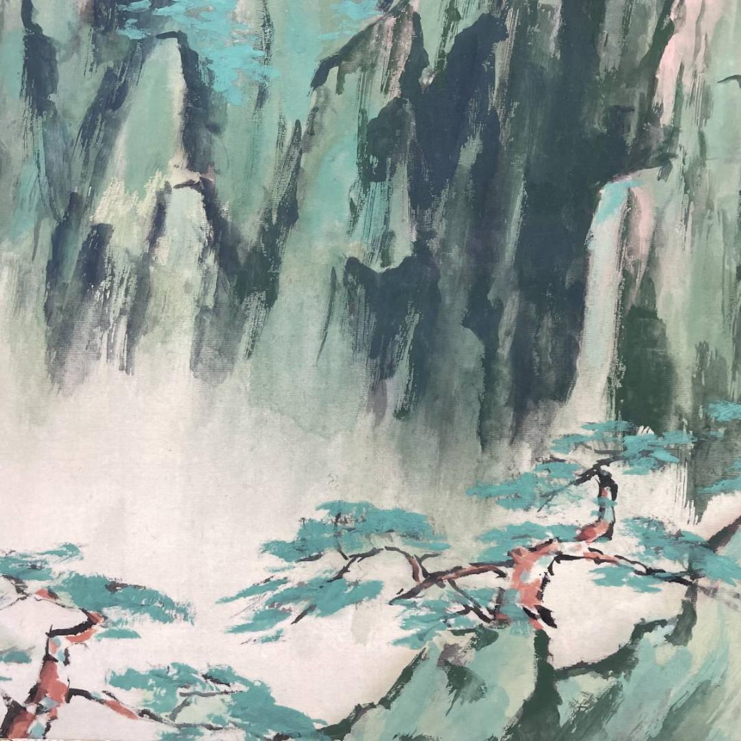 真作/浜孤嘯/蓬莱山図/山水/鶴/桐共箱太巻二重箱付/布袋屋掛軸A-232