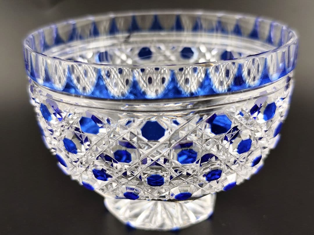 超希少品☆江戸切子 須田秀石 小鉢 瑠璃被 籠目紋（切子、江戸切子、薩摩切子）