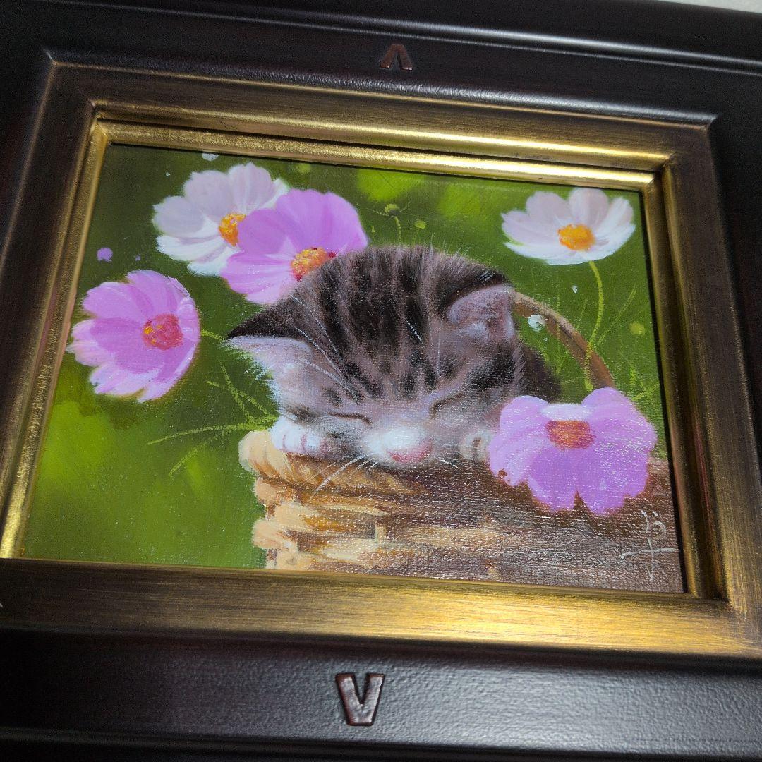 長岡 卓【額縁なし→38000円】「おひるね」 油彩画　F0号　猫　コスモス