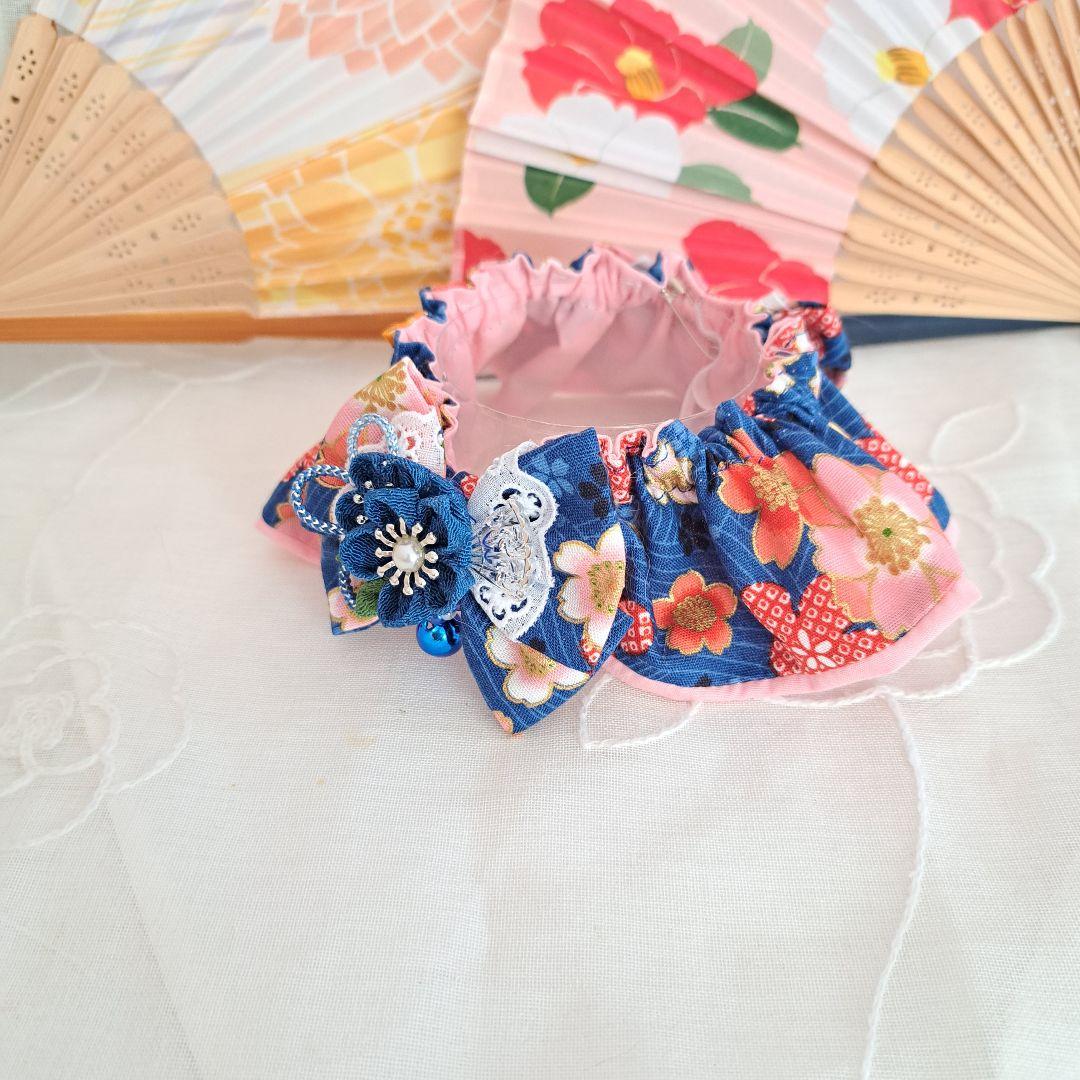 つまみ細工幅広シュシュ(青)わんちゃん猫ちゃん用