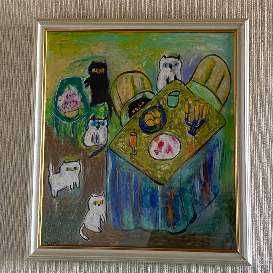 絵画 。壁掛け絵手描き【猫たちのデートの中で素敵なこと】