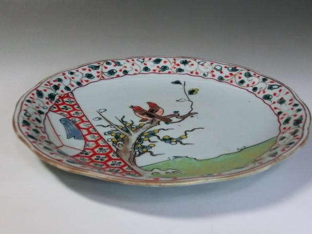 皿■古い赤絵 鳥紋 春 花弁型 春 箱付き 古玩 花唐草 時代物 骨董品■