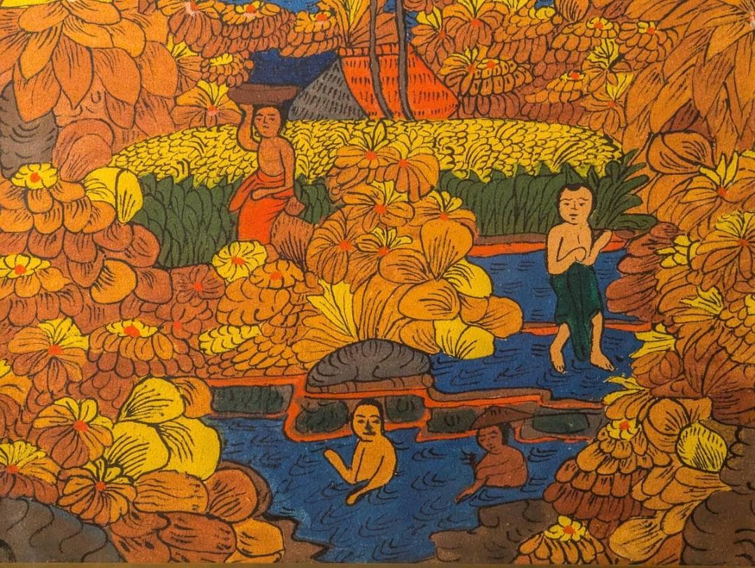 【真作】絵画　技法不明　楽園の情景　鮮やかな色彩で描かれた自然と人々　V121