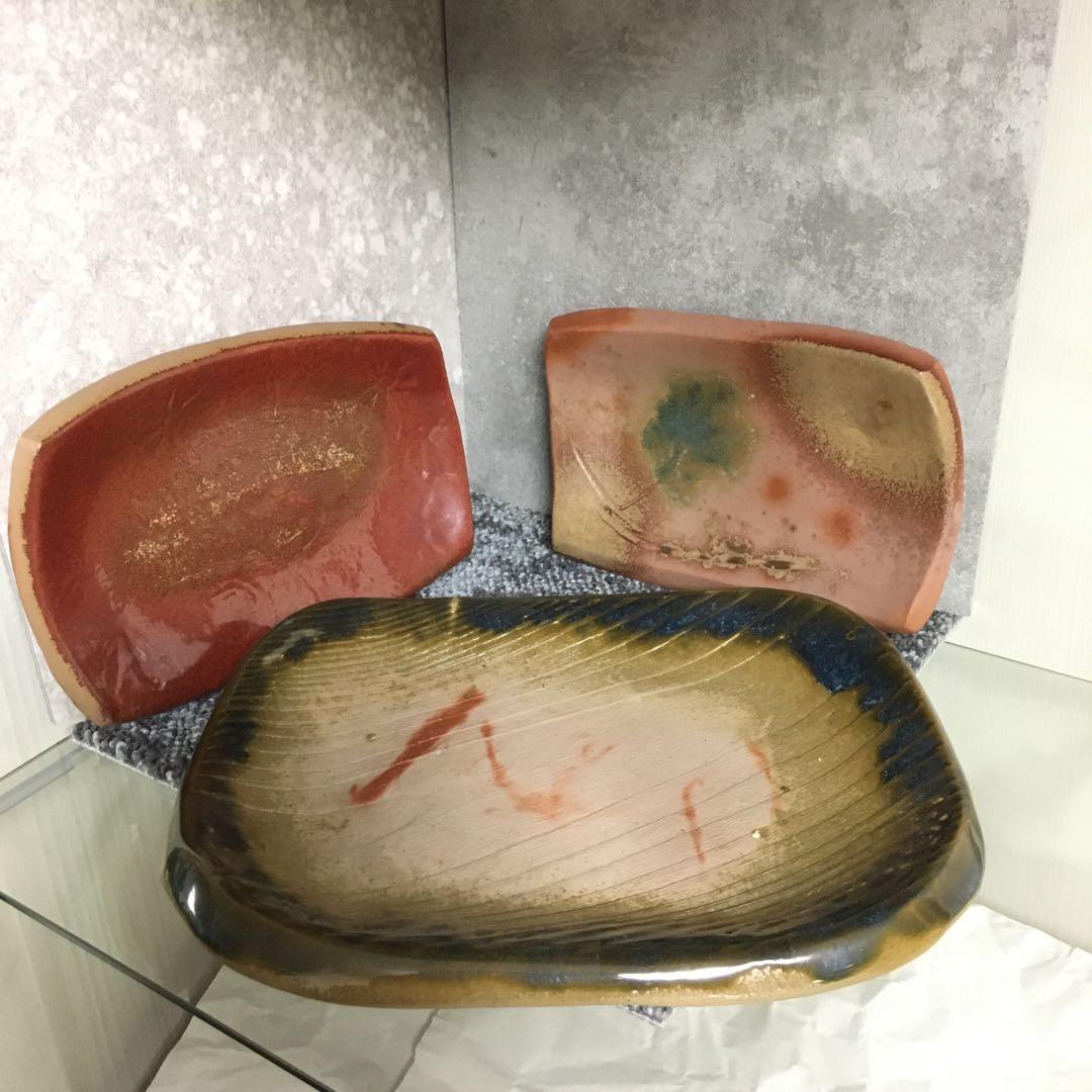 備前焼　緋襷　絵皿　角皿　長方皿　四方皿　大１枚　小２枚　セット