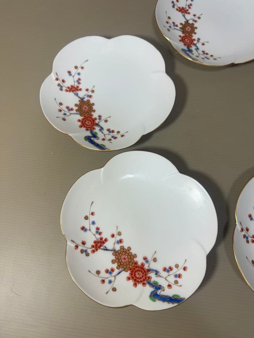2186 深川製磁　梅文　花型皿　5客　金彩　未使用