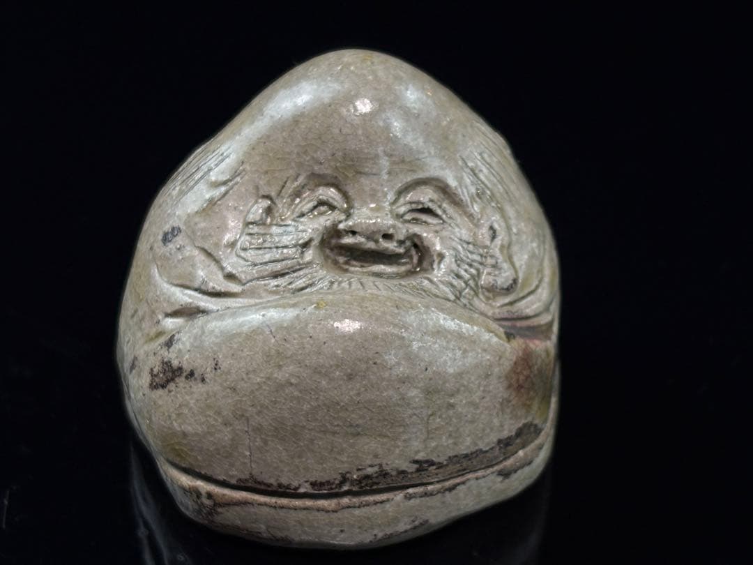 江戸末期 瀬戸焼名工【加藤春岱】古御深井 寿老人 香合 共箱 R7112338