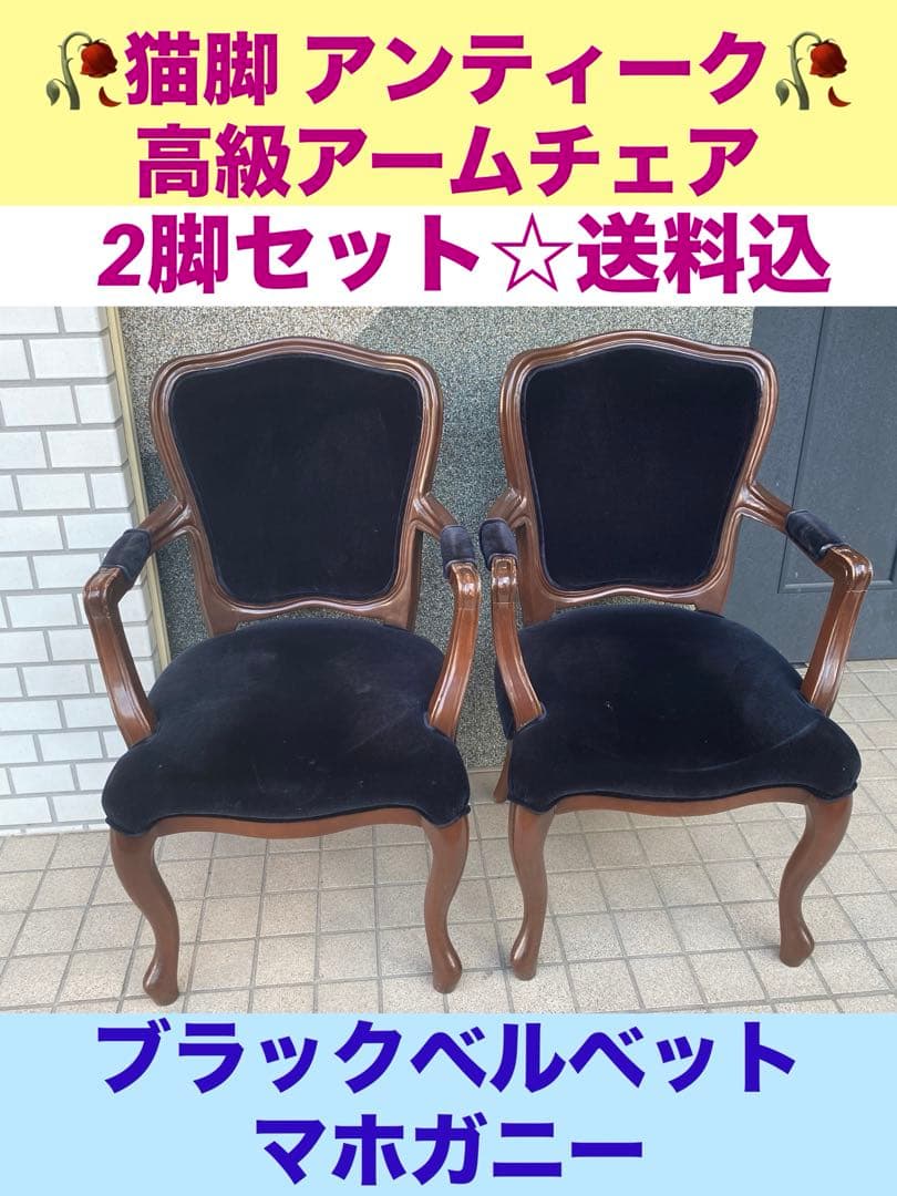 高級ベルベット 猫脚 アーム チェア♦️希少ブラック ゴシック♦️２脚セット♦️送料込