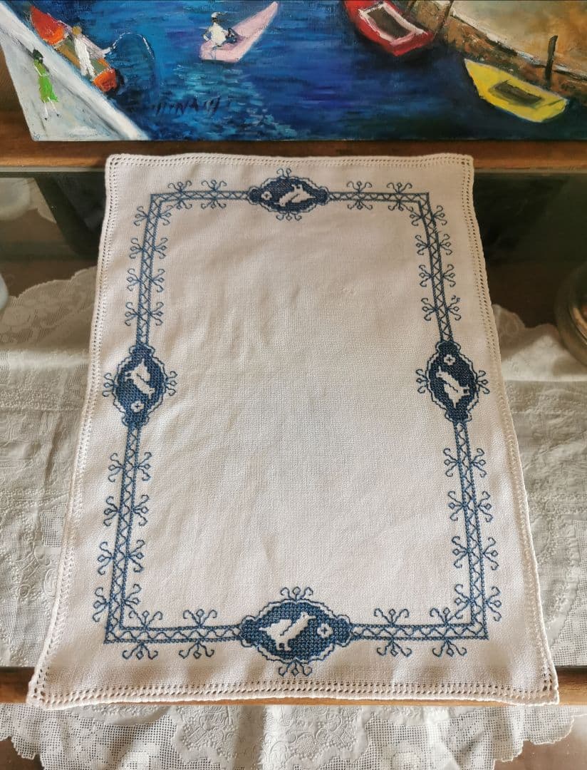 アンティークフランス 青い鳥のクロスステッチ刺繍 青糸刺繍ランナー リネンクロス