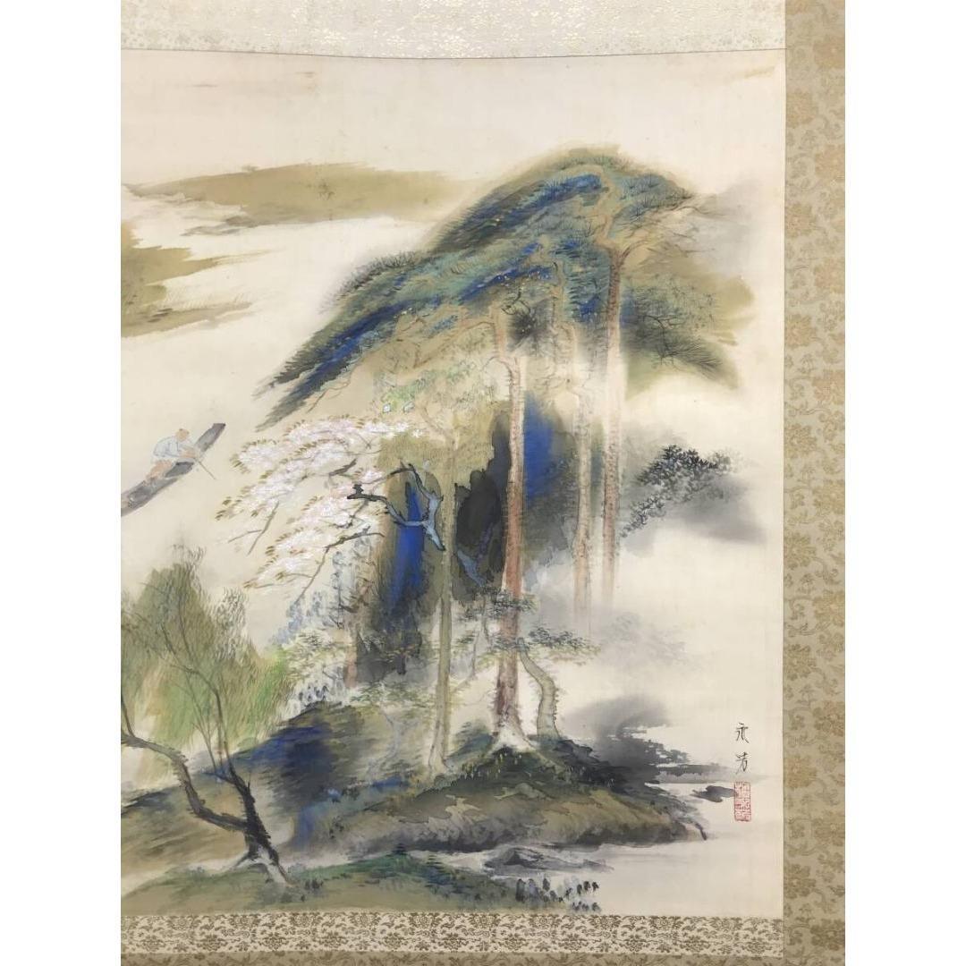 真作/橘田永芳/春江棹一舟図/山水図/春の掛軸/幅広/掛軸☆宝船☆AK-431