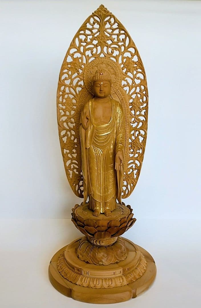 阿弥陀如来立像 5寸 #660 円台座 宝相華唐草 透彫り◆白檀 木彫 仏像