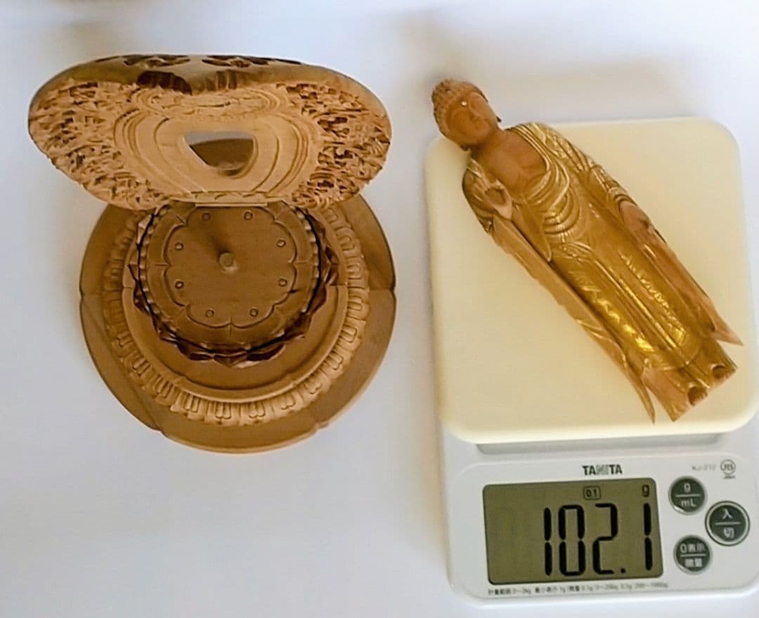 阿弥陀如来立像 5寸 #660 円台座 宝相華唐草 透彫り◆白檀 木彫 仏像