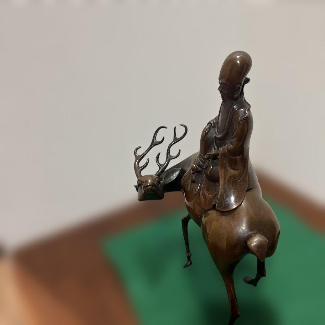 青銅製 鹿に乗る福禄寿　宝珠香炉