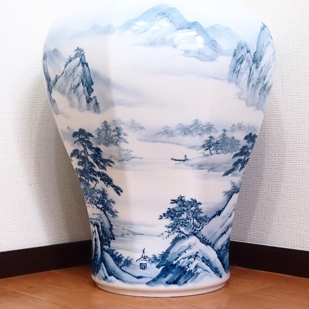 【美品】有田焼 沈香壺 勝雲作/藤井勝雲 絵付師:金武自然 山水染付 壷/つぼ