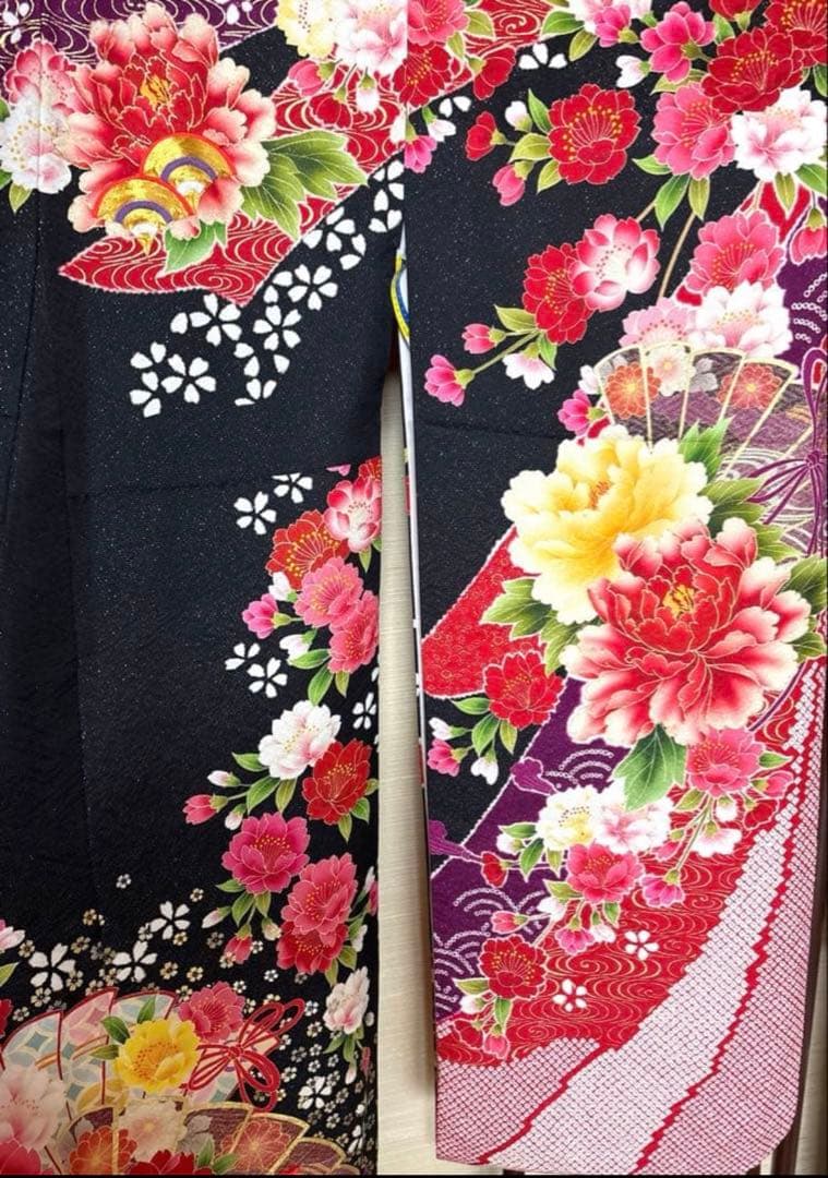 黒 熨斗 八重桜牡丹 振袖 身丈155
