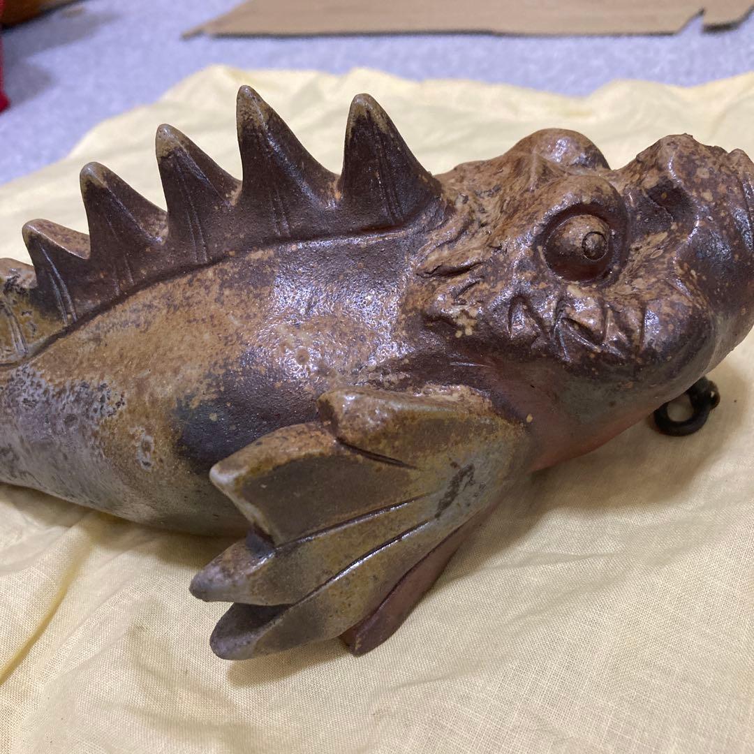 【共箱付】一壺作 黄瀬戸 虎魚（おこぜ） 掛役 置物 陶器 骨董品