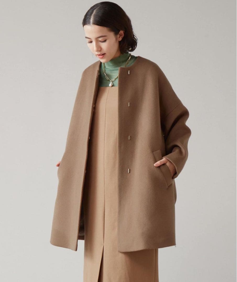 2023AWマルティニーク ドロップショルダーノーカラーコート　モカ　ブラウン