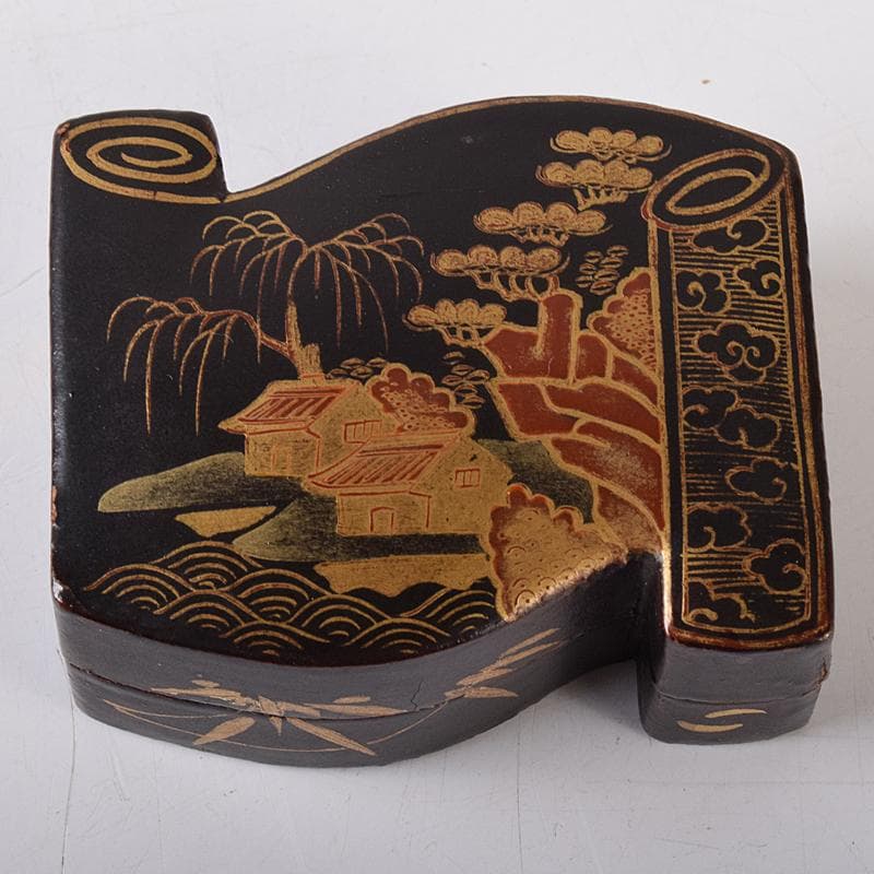 茶道具　唐物　山水蒔絵　巻物形香合　箱付　V　R8424