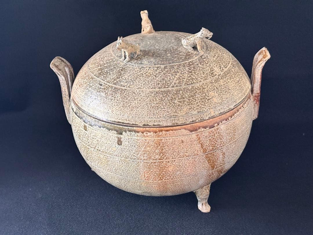 中国美術 灰陶緑釉 三足蓋付三獣摘 鼎 直径35cm 細密細工 古美術