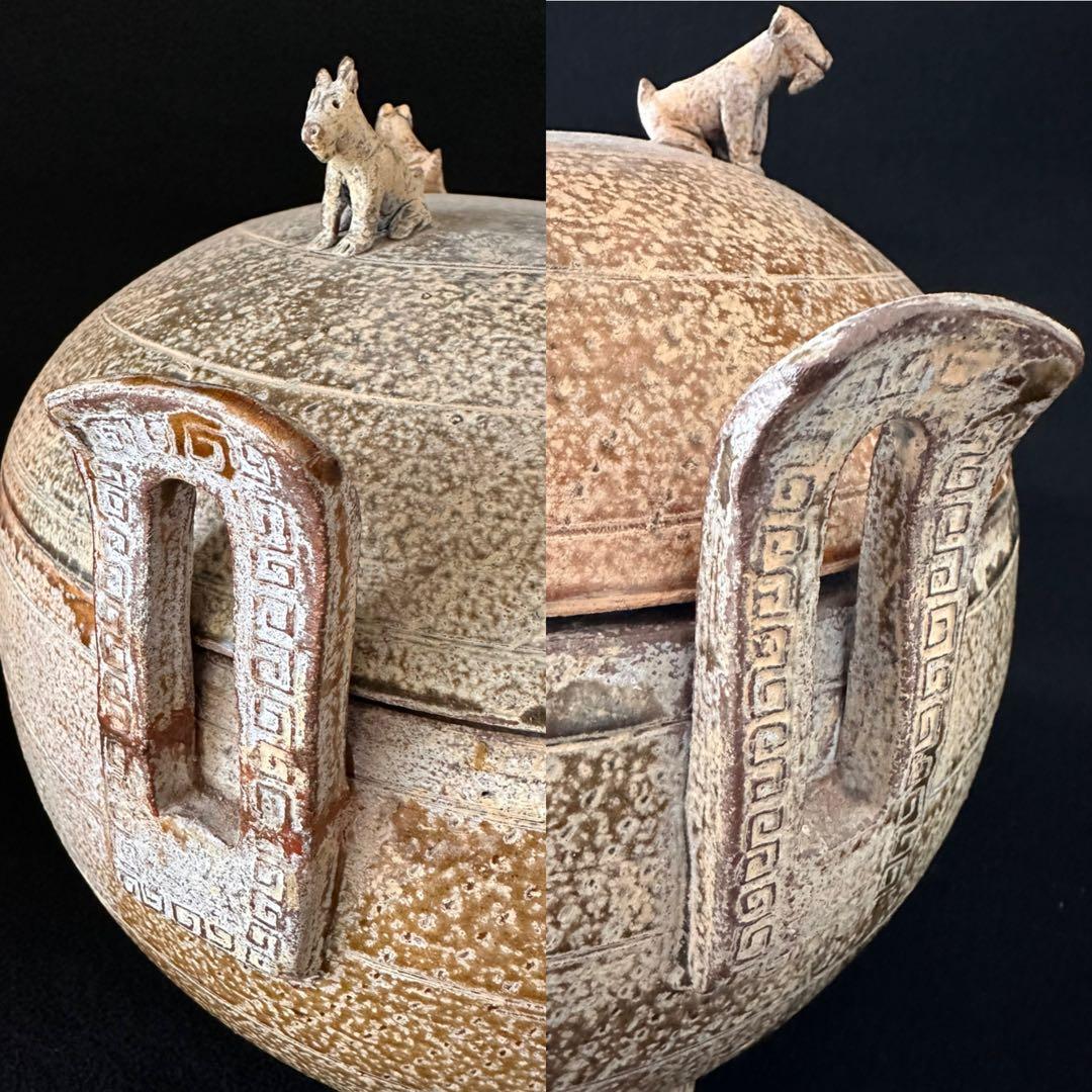 中国美術 灰陶緑釉 三足蓋付三獣摘 鼎 直径35cm 細密細工 古美術