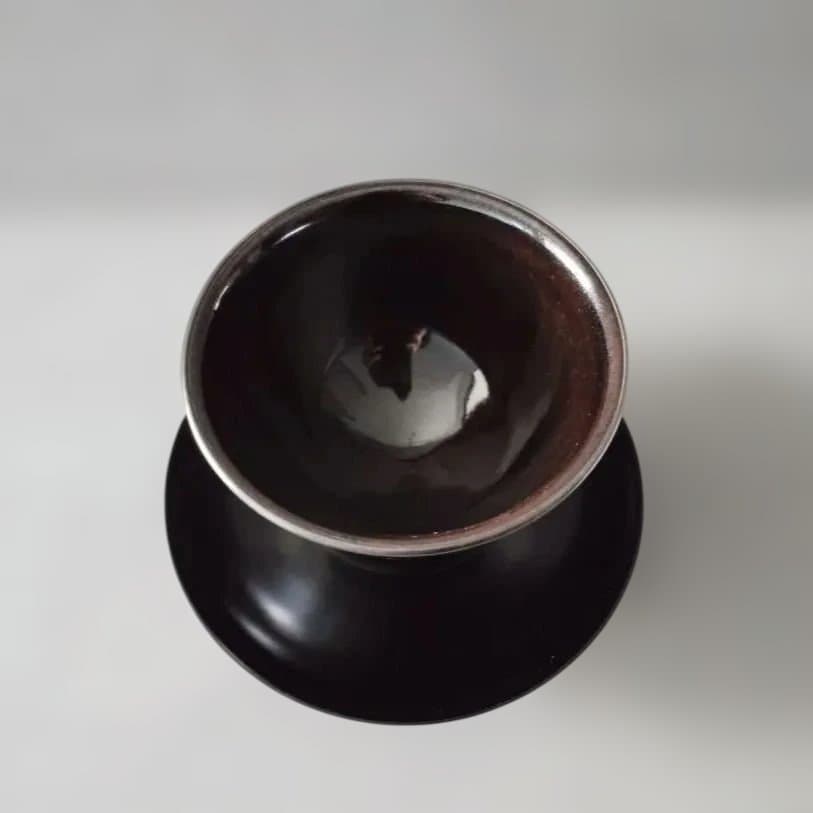 天目茶碗 黒 草山作 木製 天目台セット 黒塗 貴人台 茶道具 紙箱