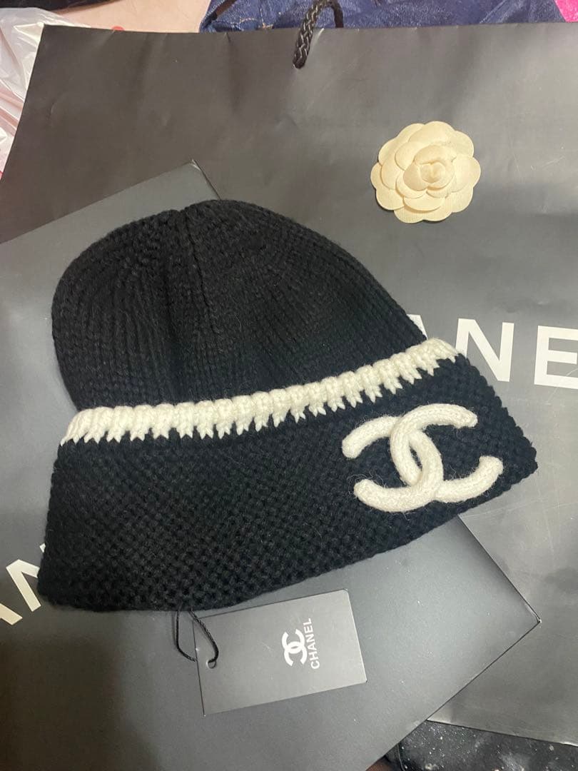 限定❤️CHANEL ニット帽 ブラック/ホワイト