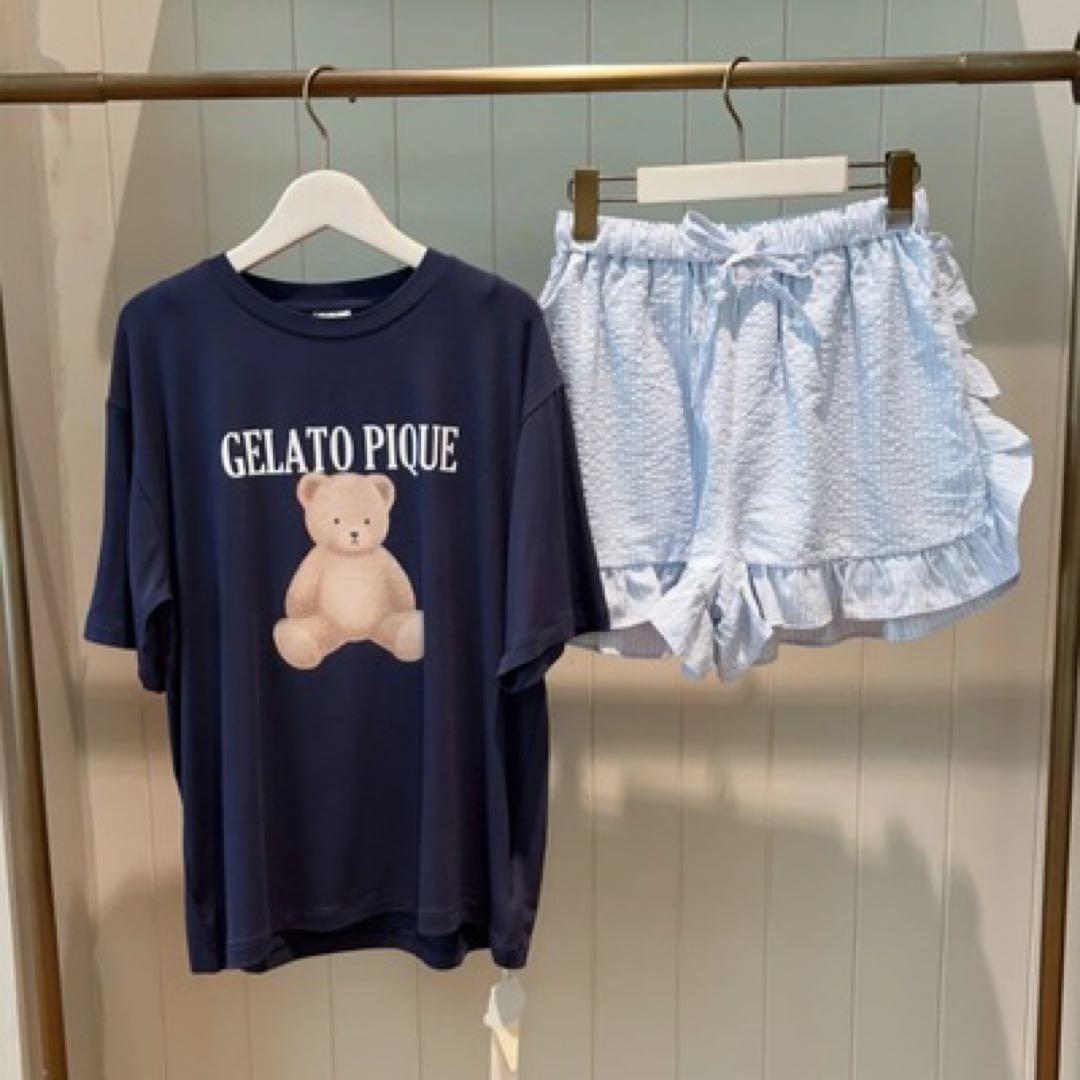 ジェラートピケ　ベアワンポイントTシャツ&ストライプショートパンツ