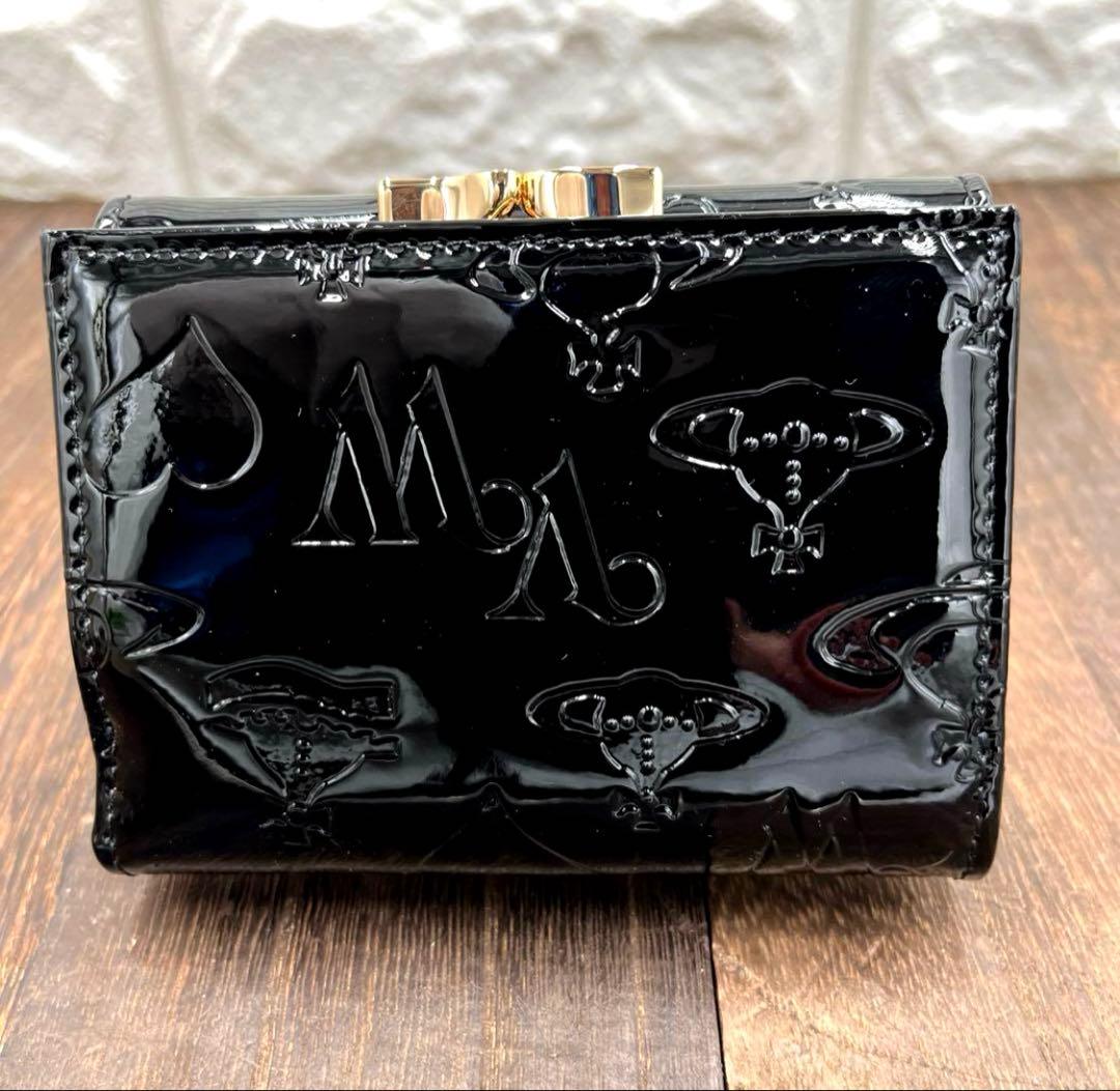 新品未使用　ヴィヴィアンウエストウッド 三つ折財布　黒　エナメル　がま口　④