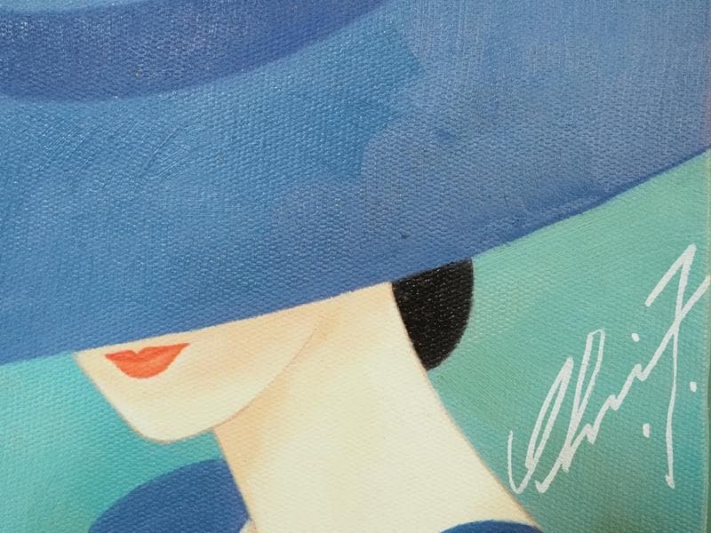 【値下げ】油絵　美人像　鶴田一郎　M10号　笠美人　額付き　手描き　肉筆