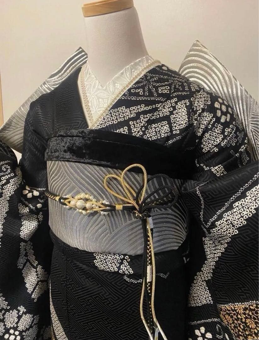 振袖フルセット　総絞り　黒　金　シルバー　成人式　豪華振袖　振袖6点セット　正絹