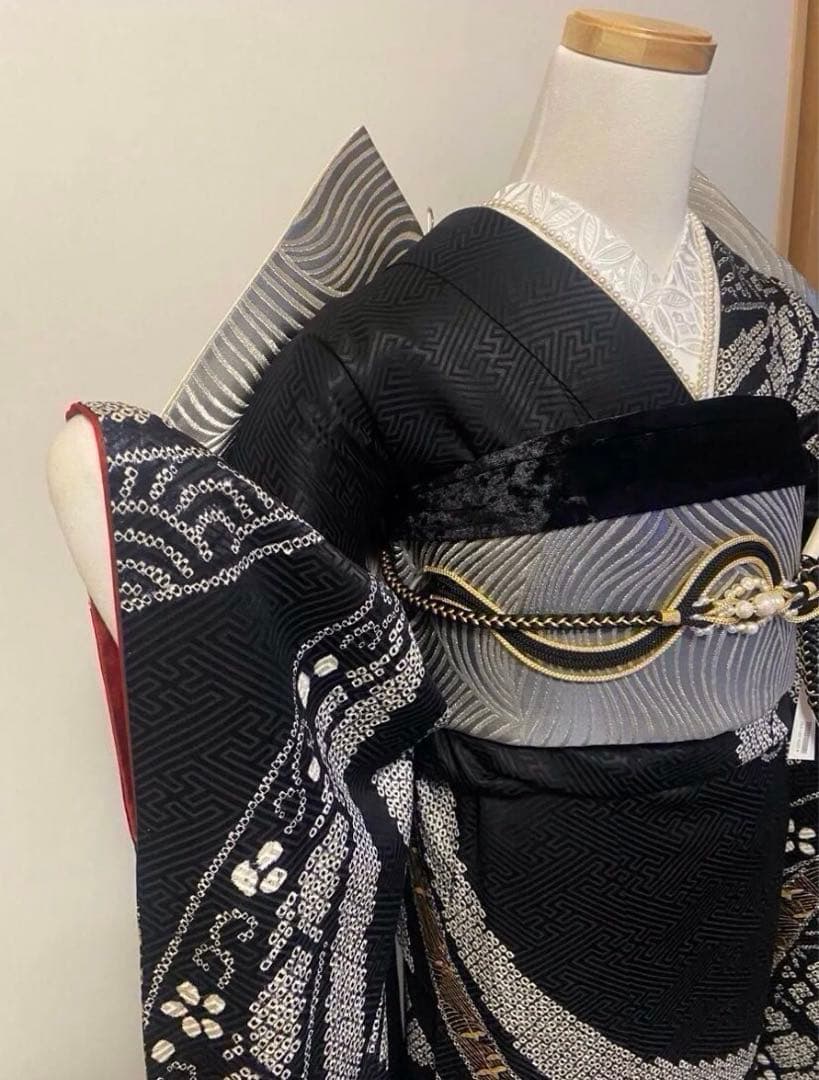 振袖フルセット　総絞り　黒　金　シルバー　成人式　豪華振袖　振袖6点セット　正絹