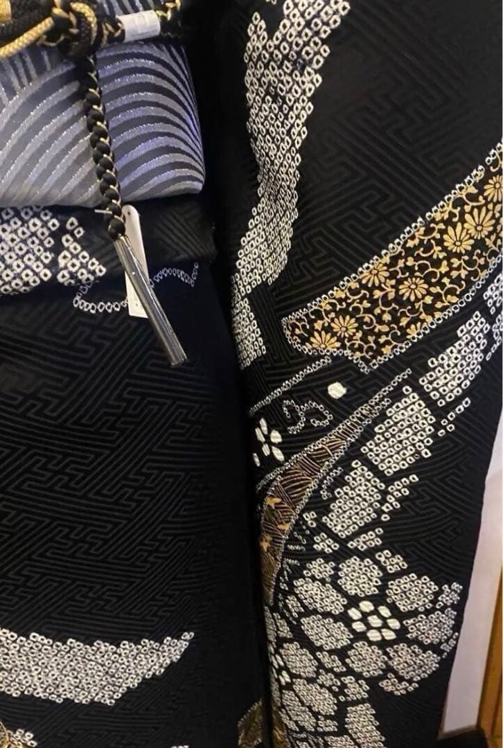 振袖フルセット　総絞り　黒　金　シルバー　成人式　豪華振袖　振袖6点セット　正絹