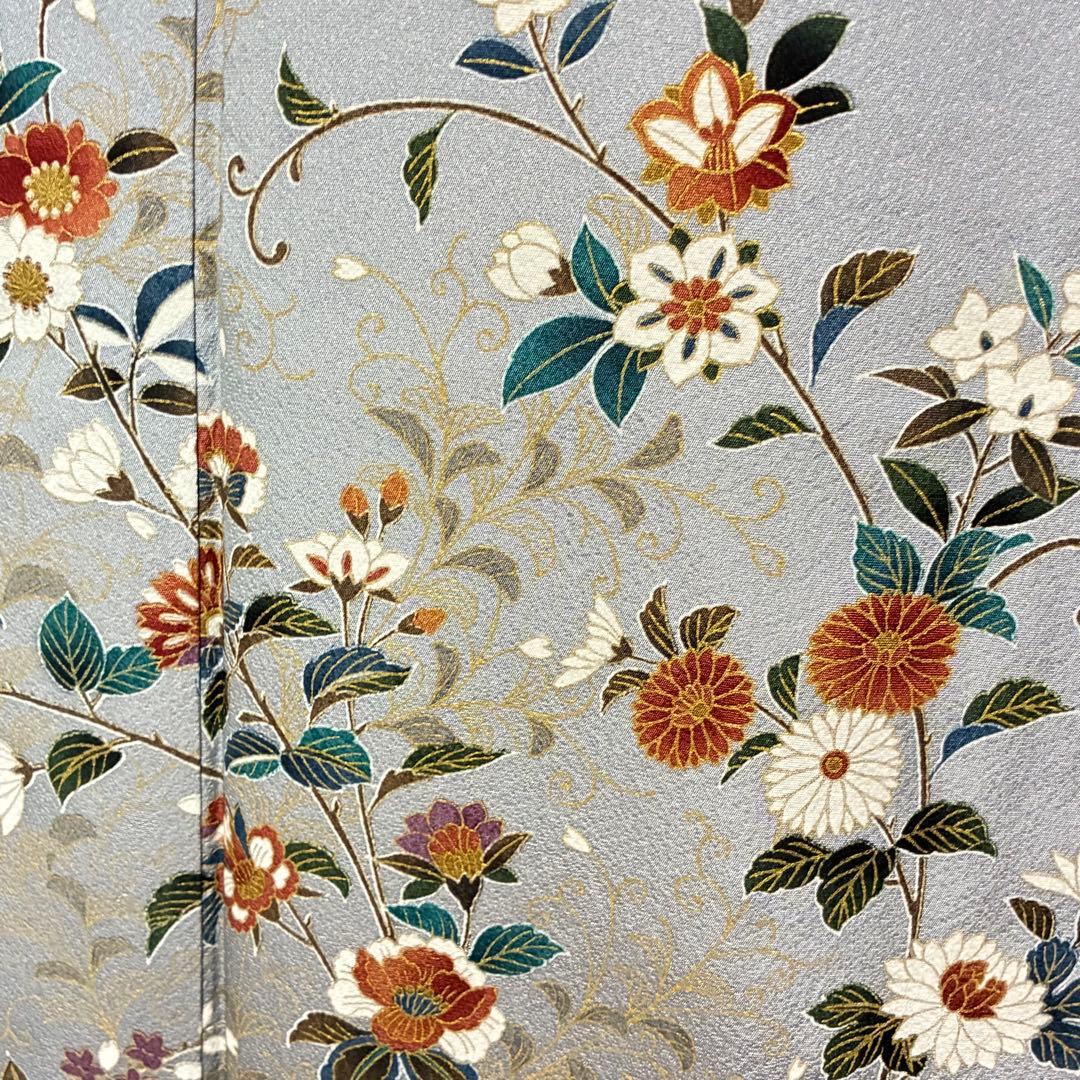 D58 訪問着 唐花 ブルーグレー 正絹 着物 袷 しつけ糸付き未使用極美品